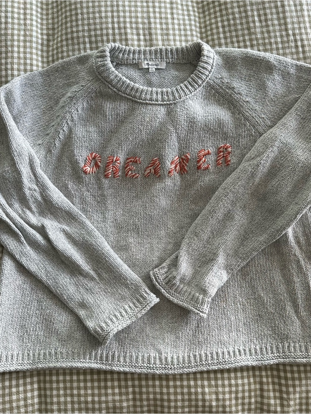 Madewell Light Gray Crewneck Sweater with Coral Embroidered 'SWEATER'